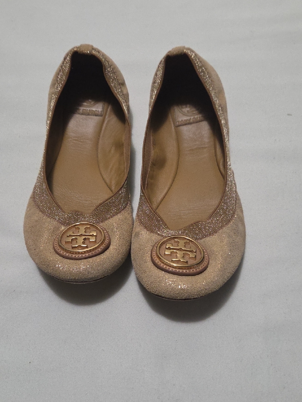 Tory Burch Glitter Tan Logo Ballet Flats